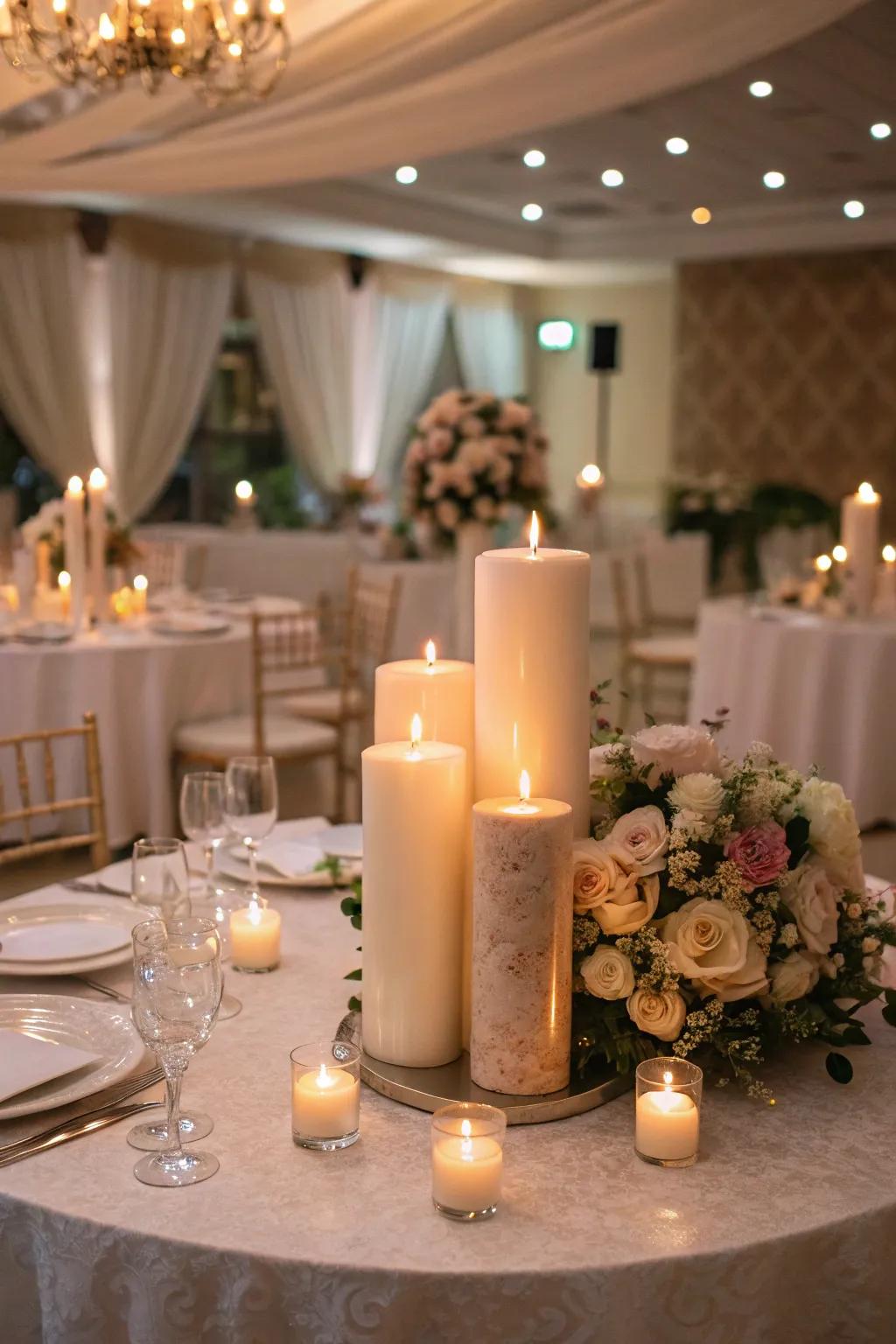 A cozy, candlelit centerpiece that perfectly enhances the romance of your round tables.