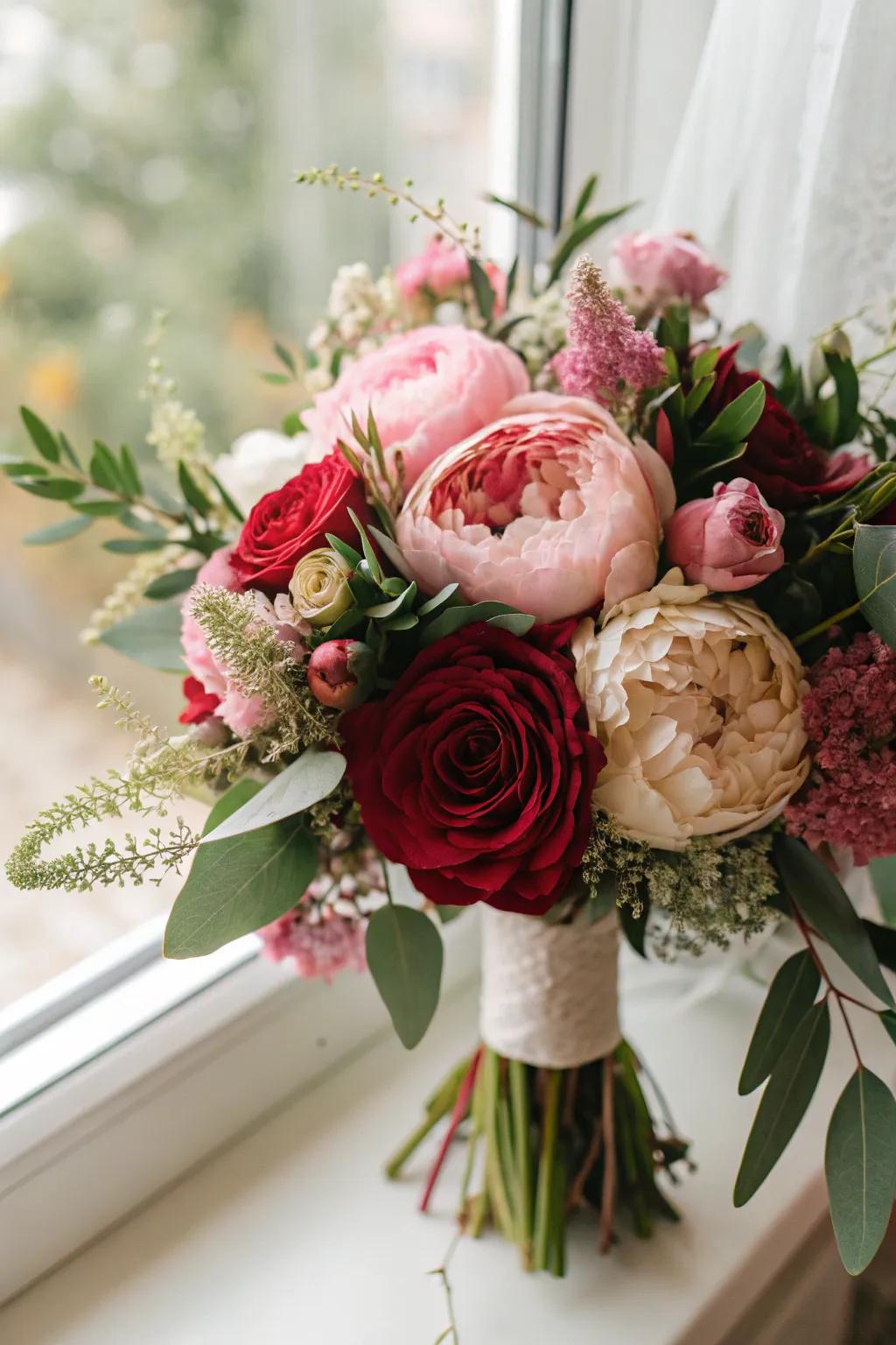 A close-up featuring roses, peonies, and full greenery in a wedding bouquet.