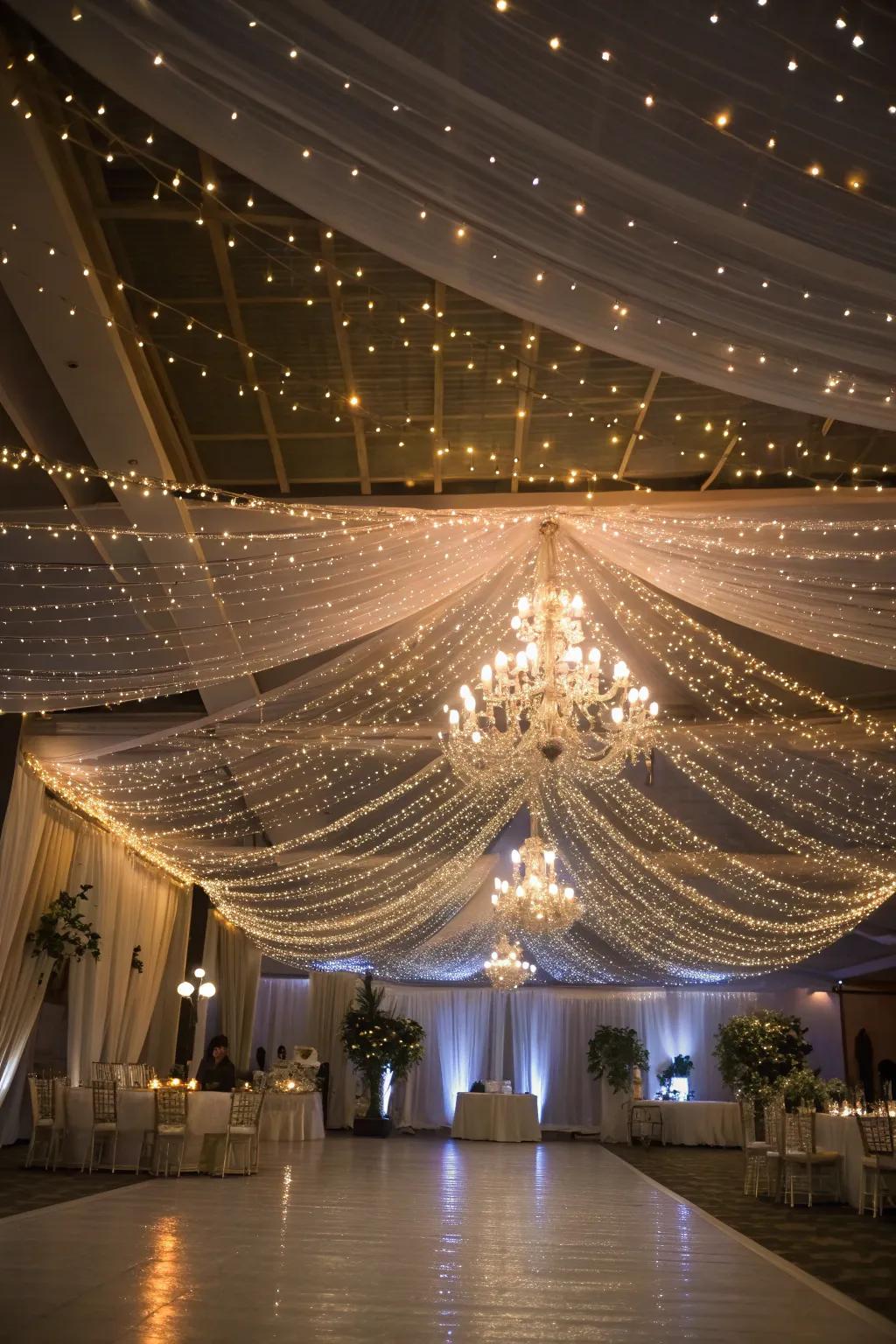 A wedding setting enhanced with a shimmering light overhead.