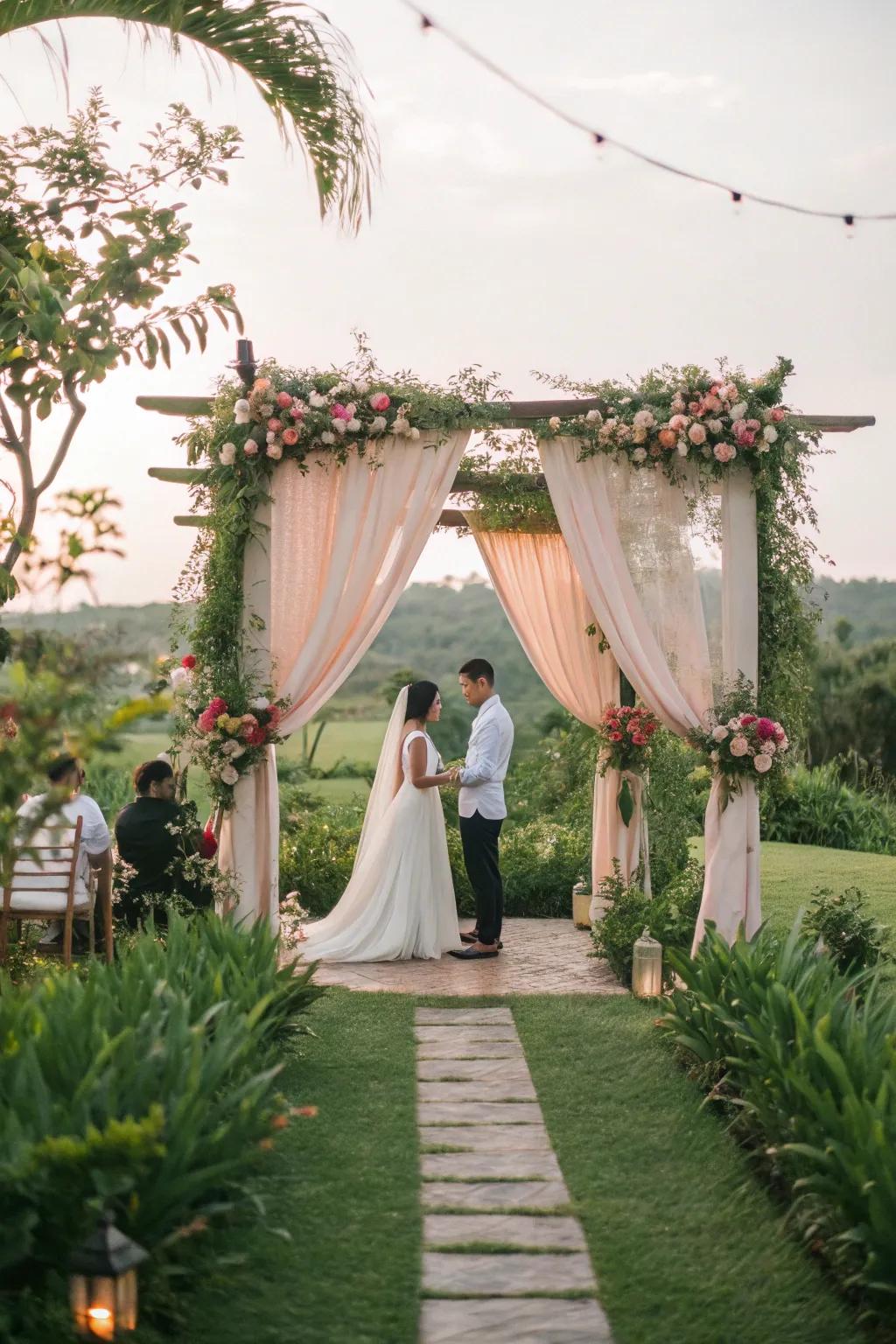 Produce an enchanting garden wedding by combining textiles that blend with the natural setting.