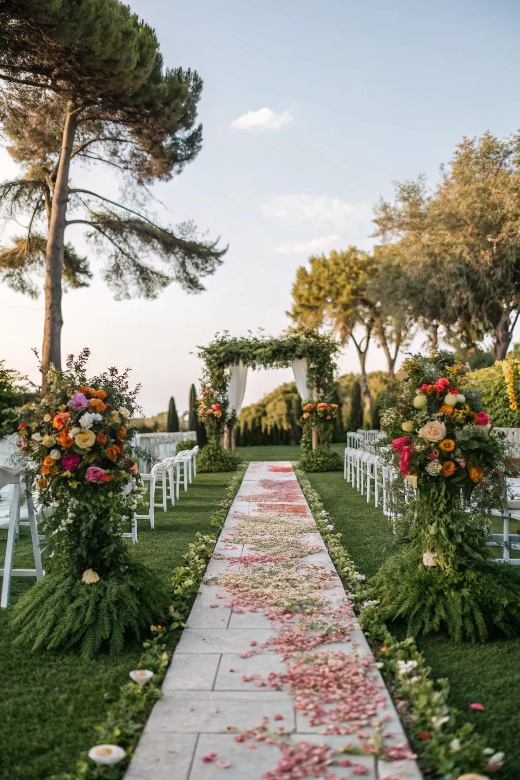 A garden-inspired aisle adorned with lush greenery and blooms