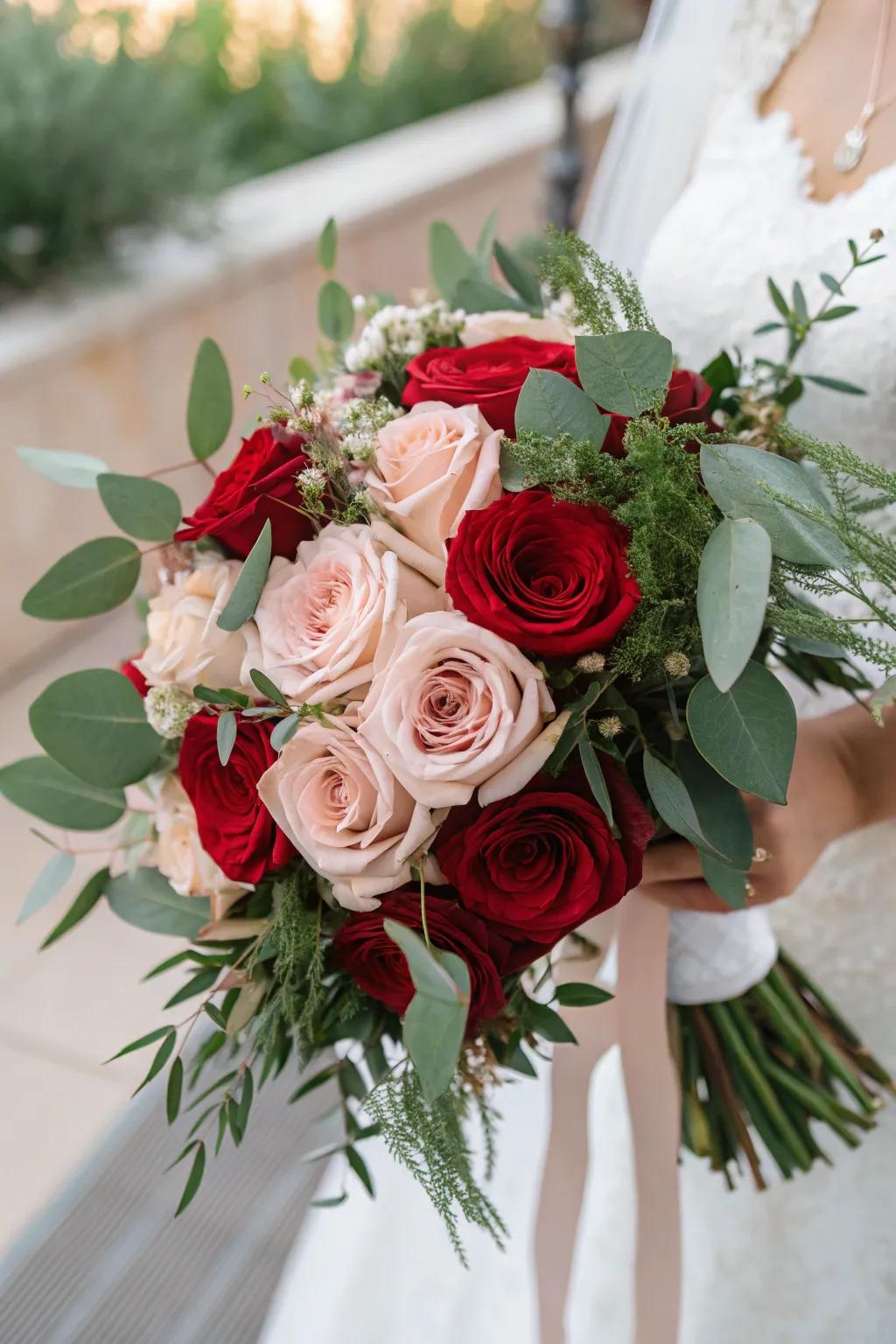 A traditional rose bridal arrangement in red and blush shades.