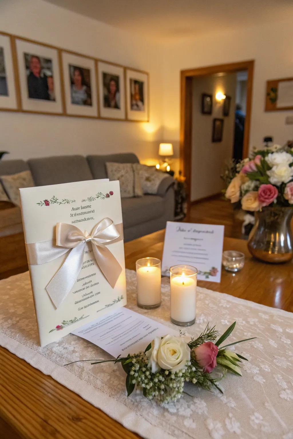 A wedding invitation showcasing a timeless satin bow.