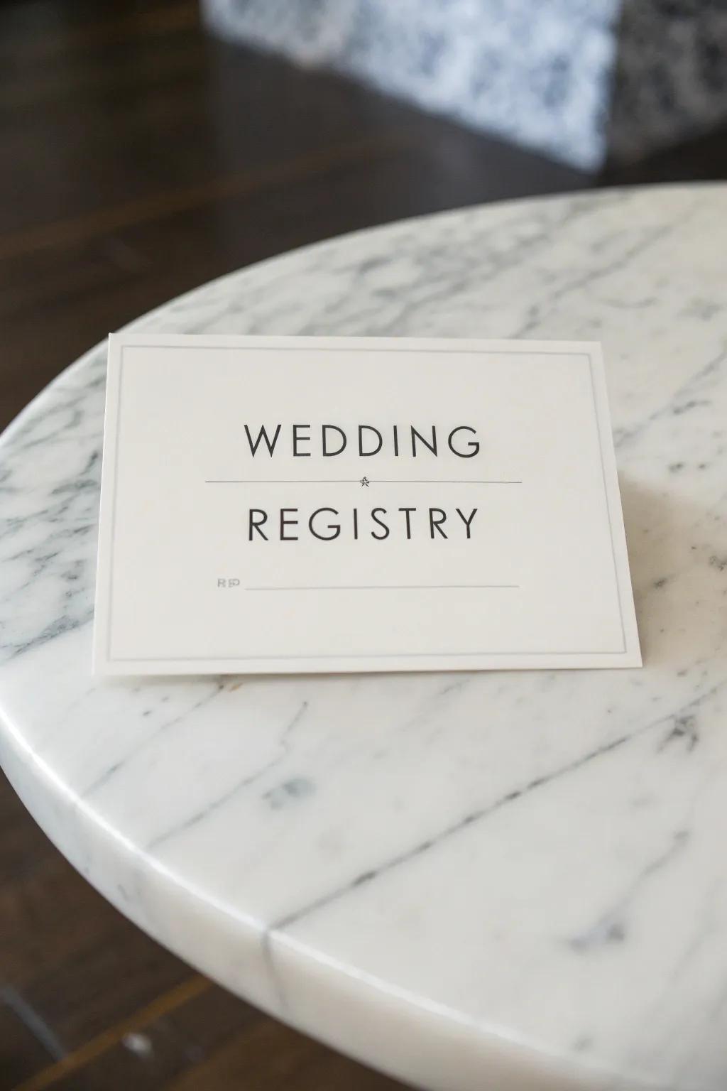 A minimalist wedding registry card showcasing clean design and typography.