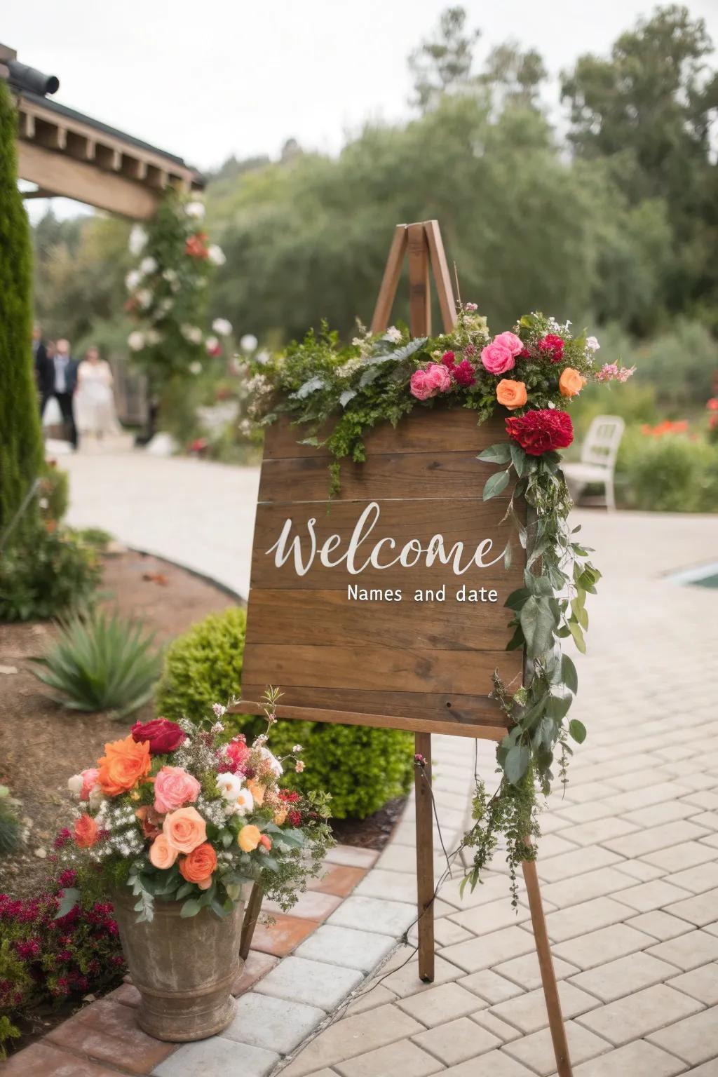 A country welcome display creates a cozy and inviting atmosphere for your wedding.