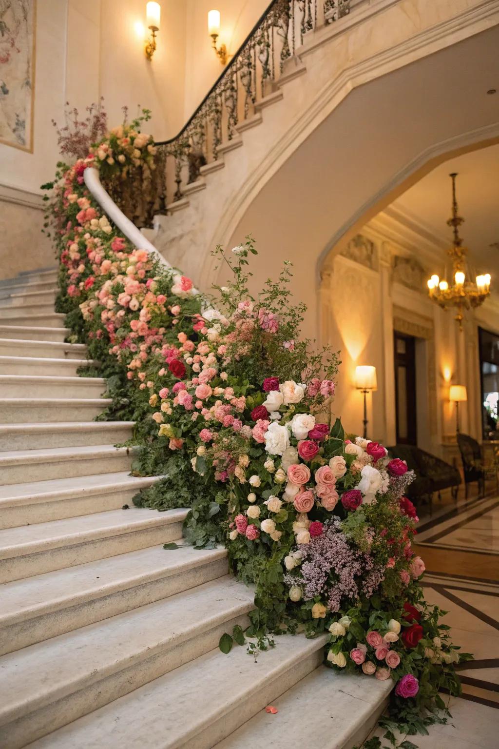 A staircase has been turned into a floral fantasy using blooms that are in season.