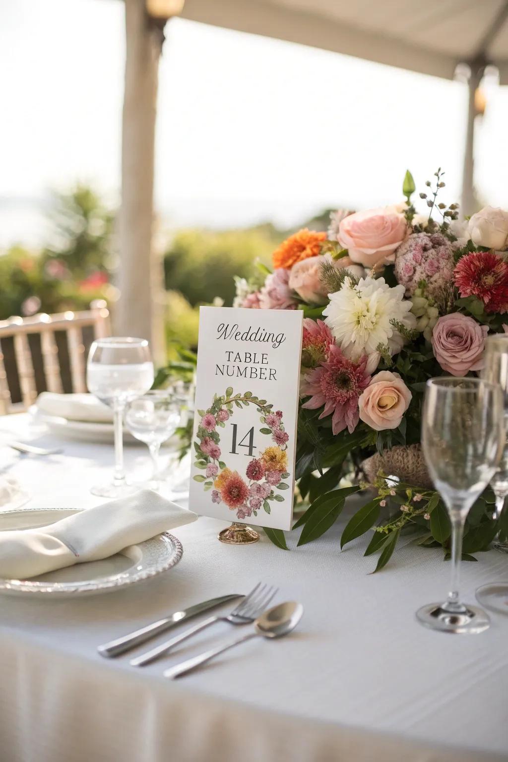 Table markers with floral accents evoke a dreamy, romantic ambiance.