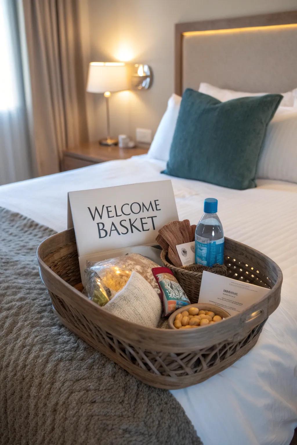 Welcoming basket showcasing a soft throw to ensure visitors are snug and content.