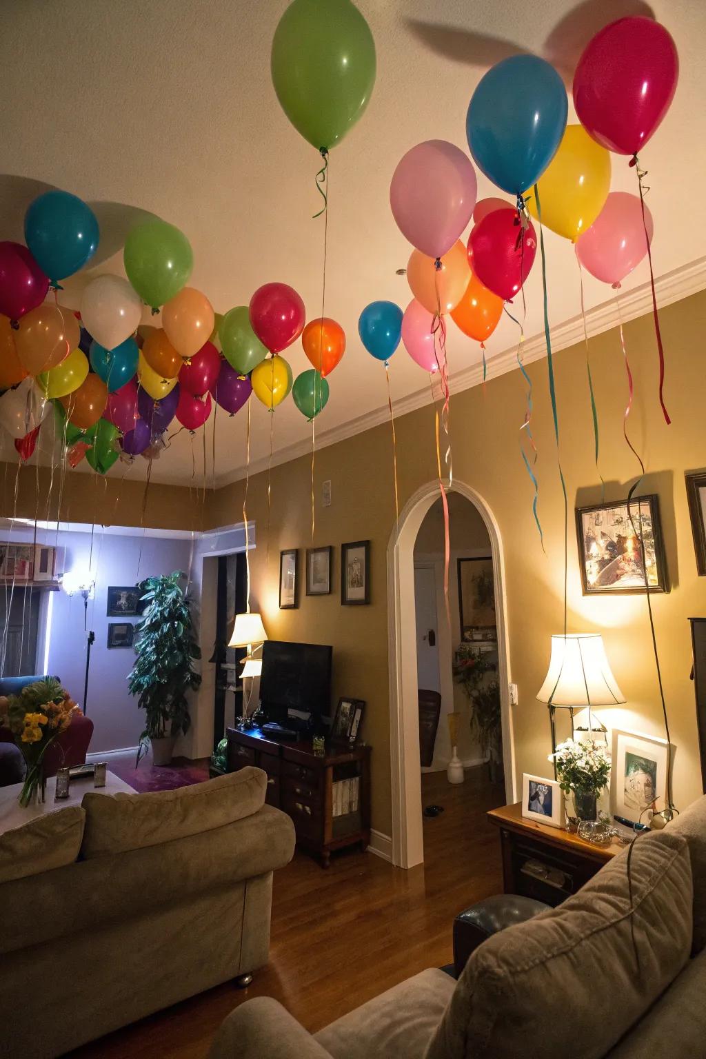 A room brightened with colorful helium balloons.