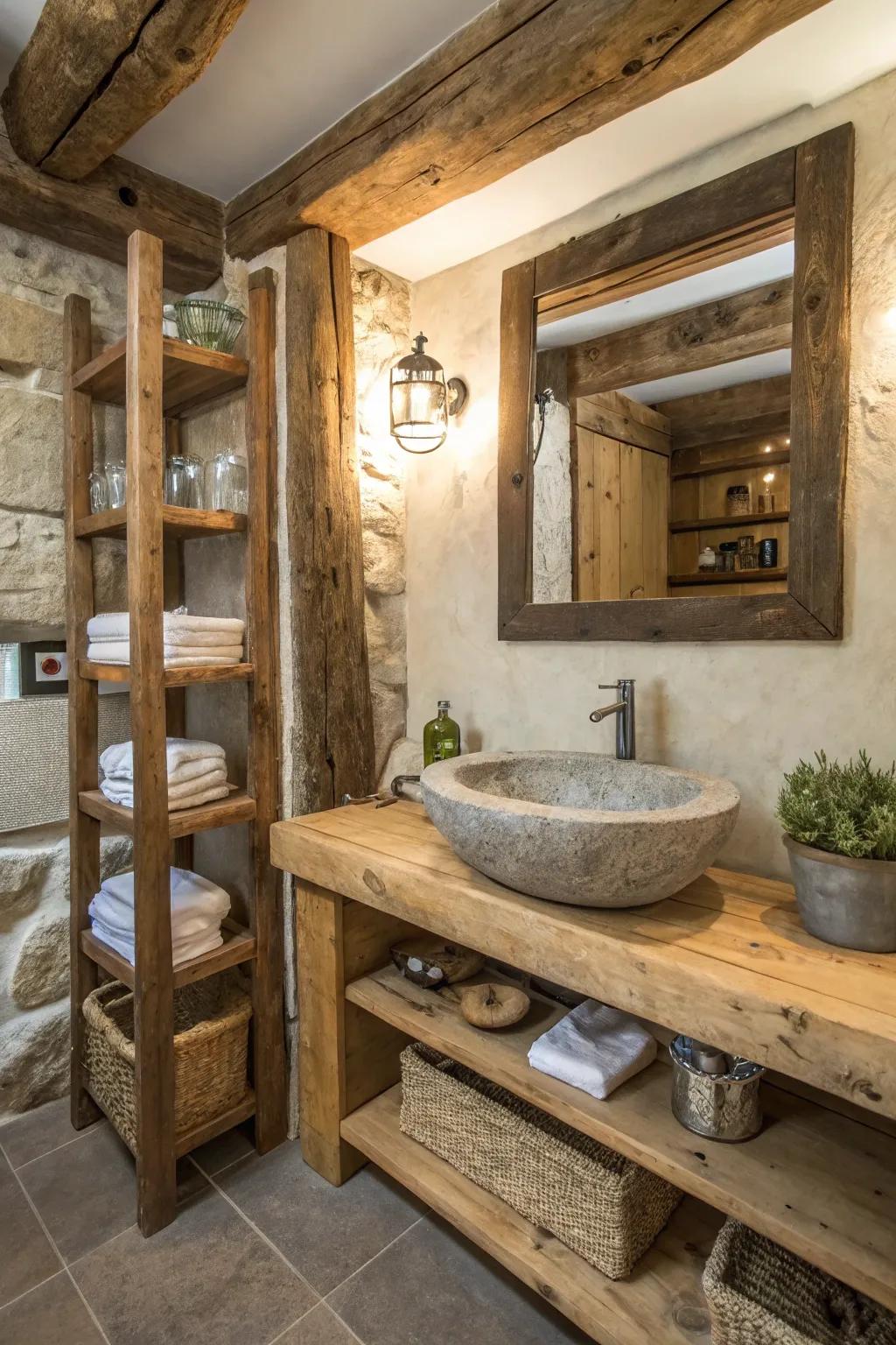 The incorporation of wood and stone provides immediate rustic charm.