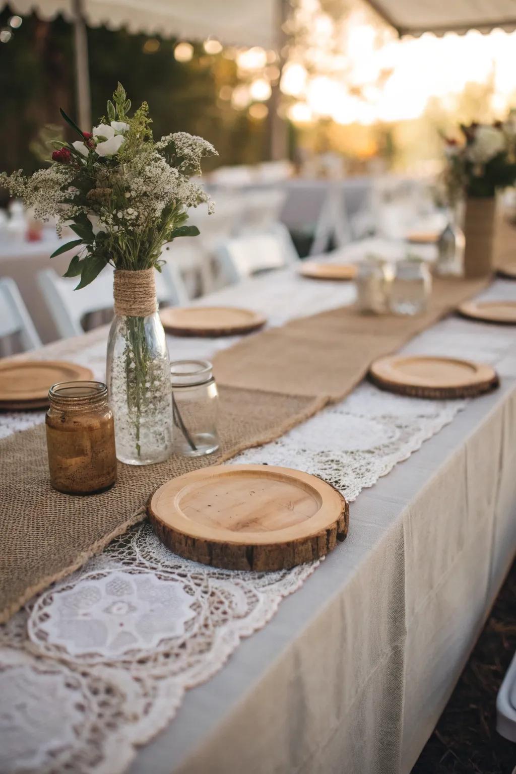 Hessian and lace infuse rustic sophistication into any table.