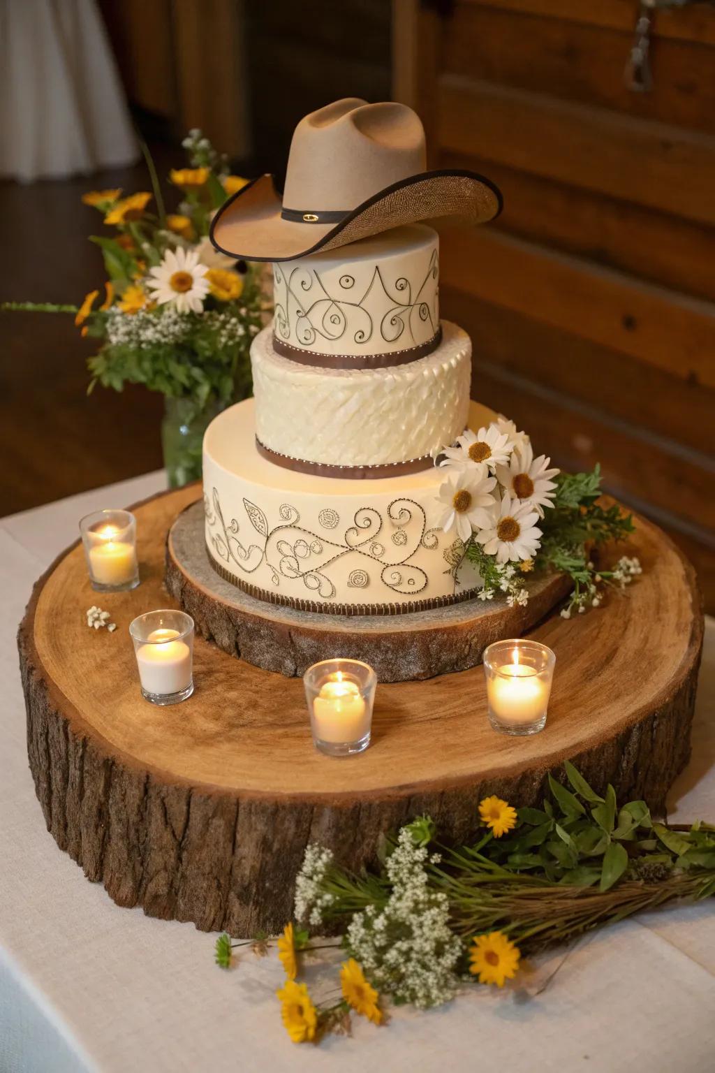 Western wedding cake displayed on a natural wooden base.