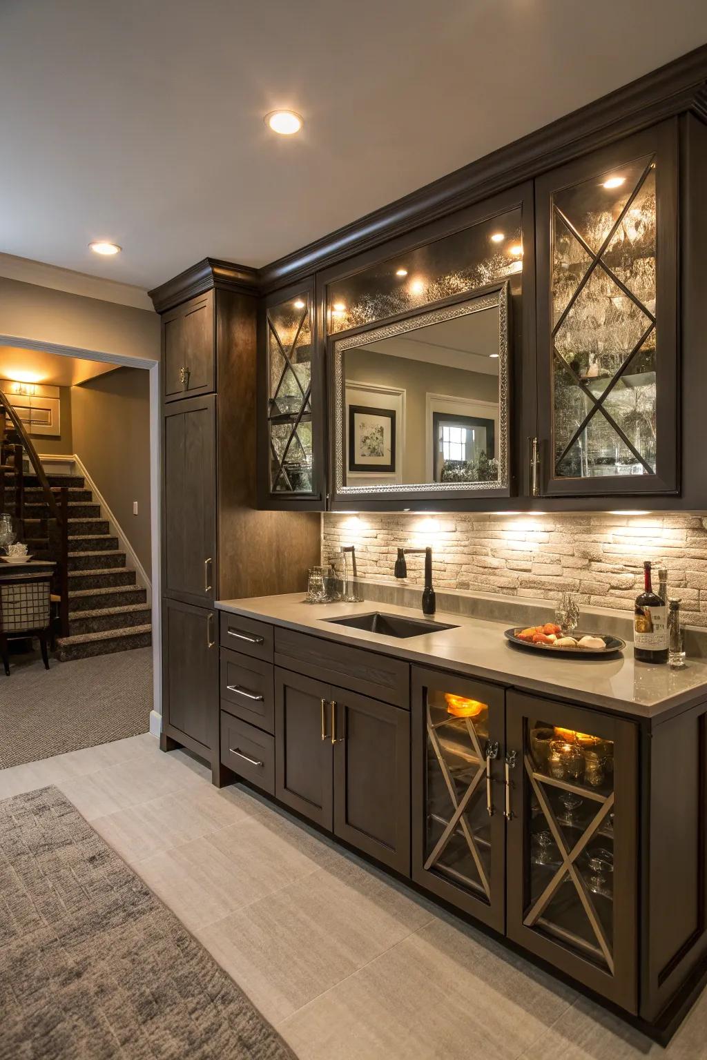 A mirrored backsplash brings sophistication and the illusion of more space to your basement wet bar.