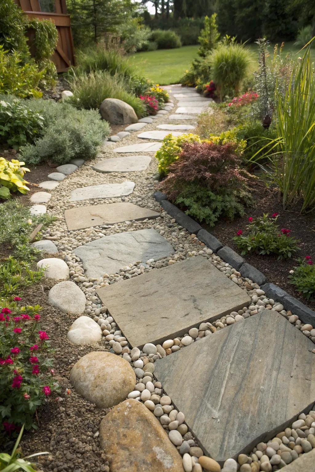 Paver path filled with pebbles for a refined, natural aesthetic.