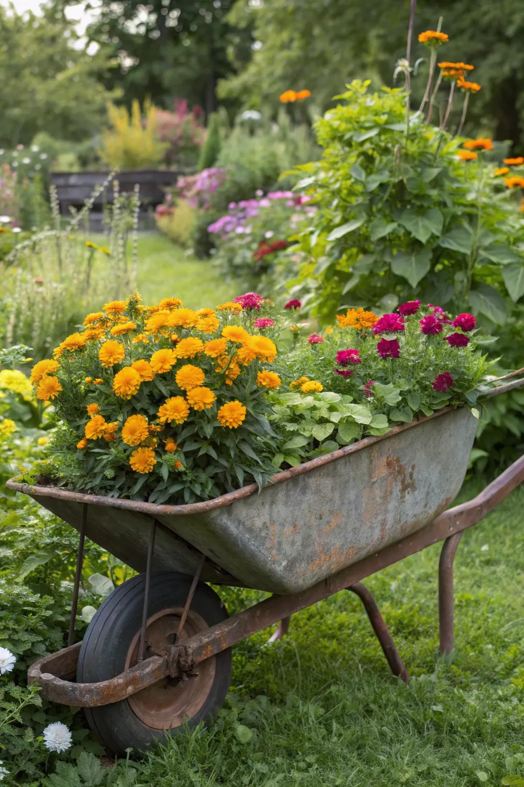 A wheelbarrow display overflowing with vibrant, colorful blossoms.
