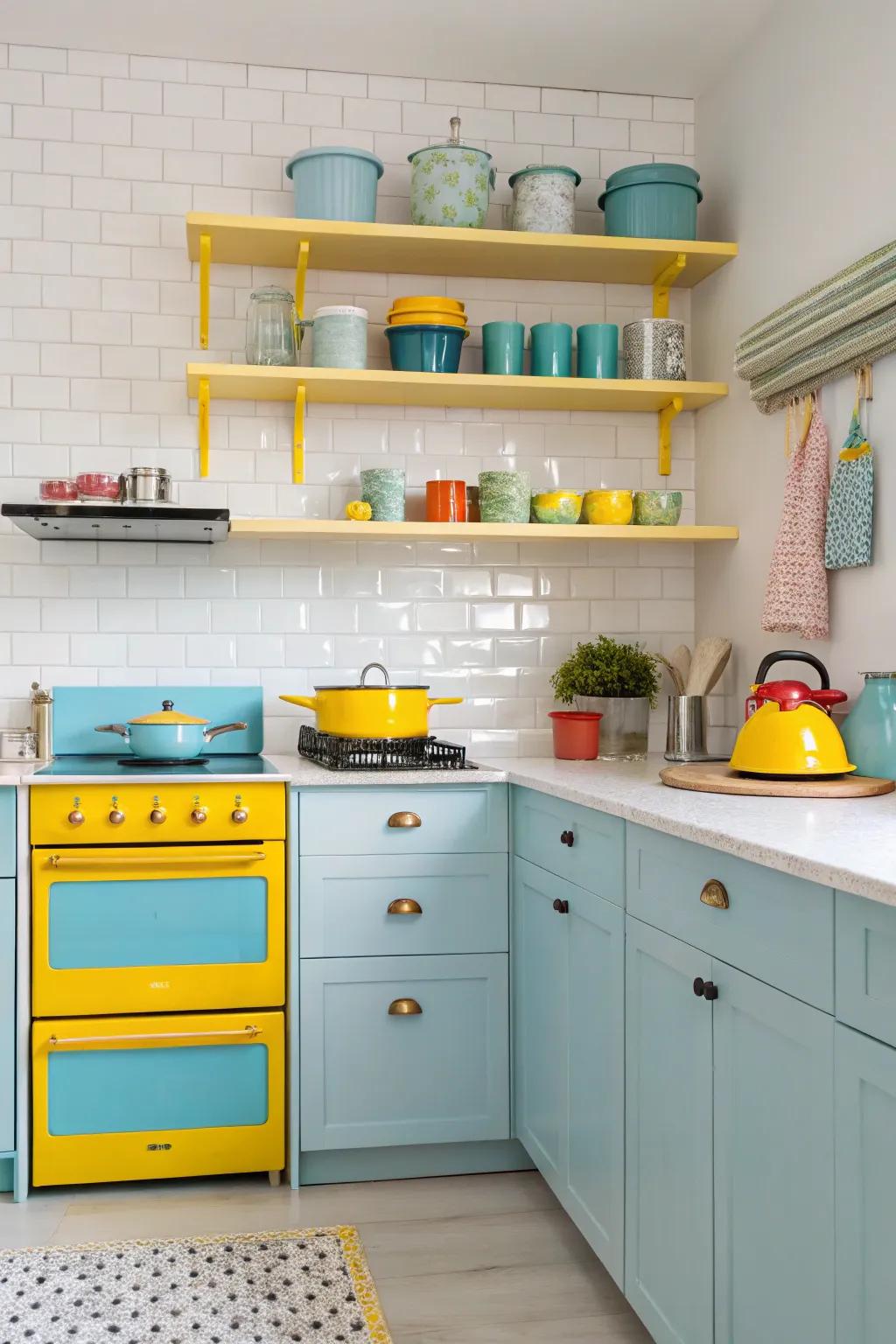 Strong hues inject vibrancy into a playful kitchen environment.
