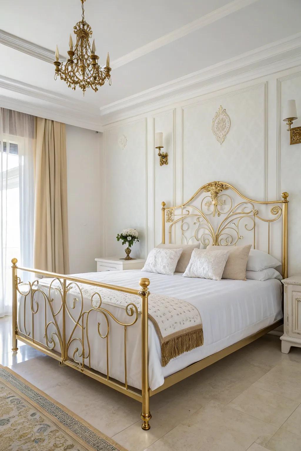 A timeless elegance is captured in a classic white and gold bedroom.