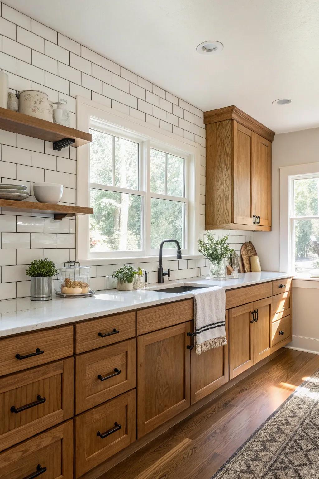Classic white uniform tiles harmonize with the wooden cabinetry.