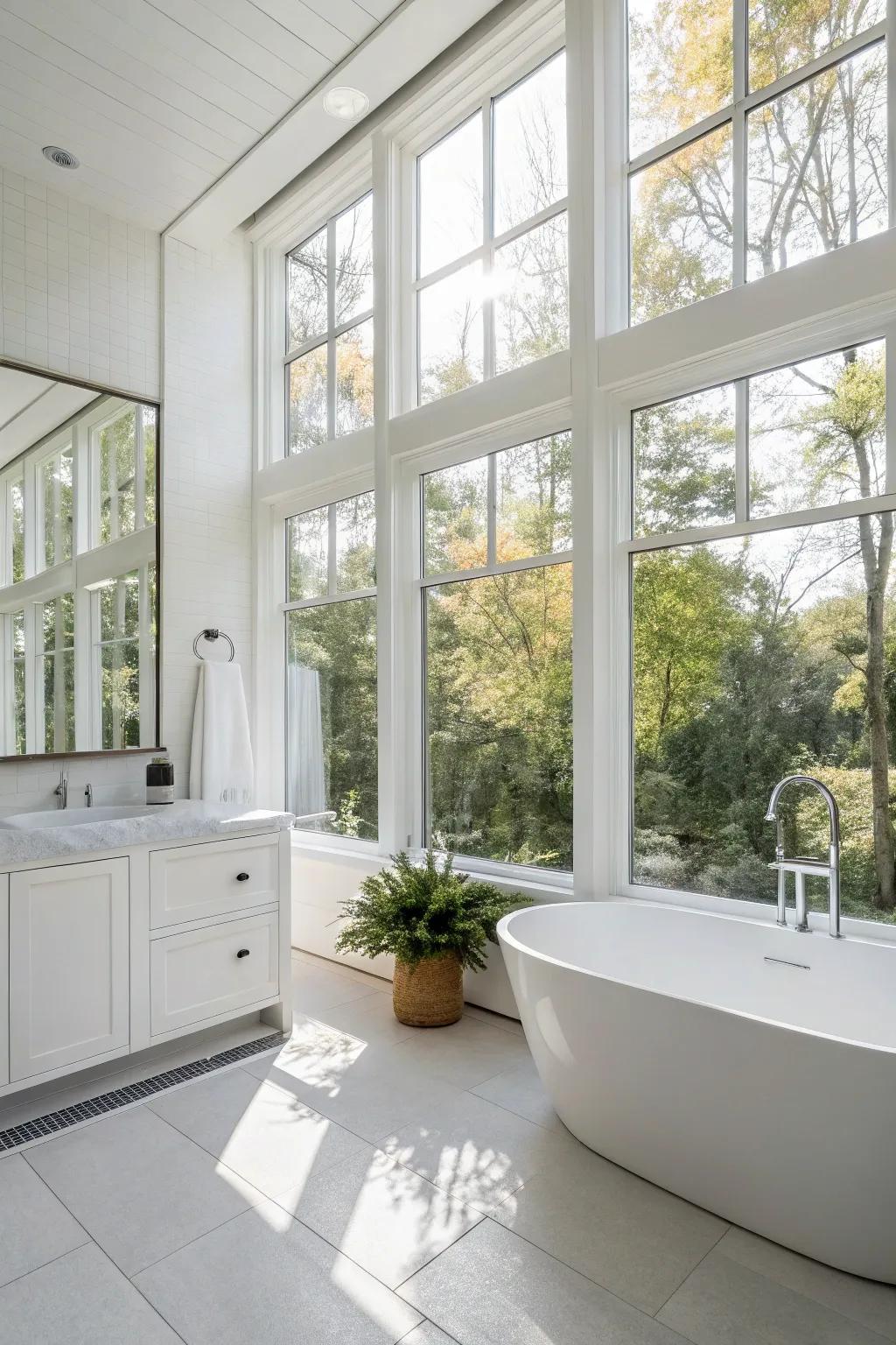 Sunlight enhances the pristine lines and luminous ambiance of this white bathroom.