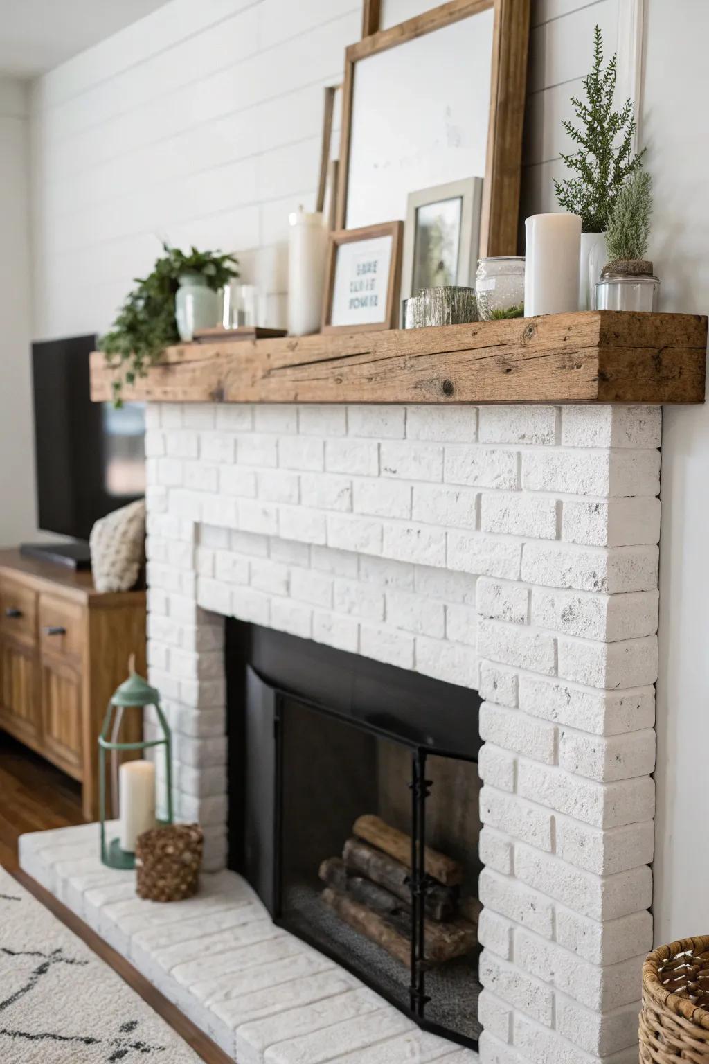 A rustic wooden mantel provides a warm contrast against the white brick setting.