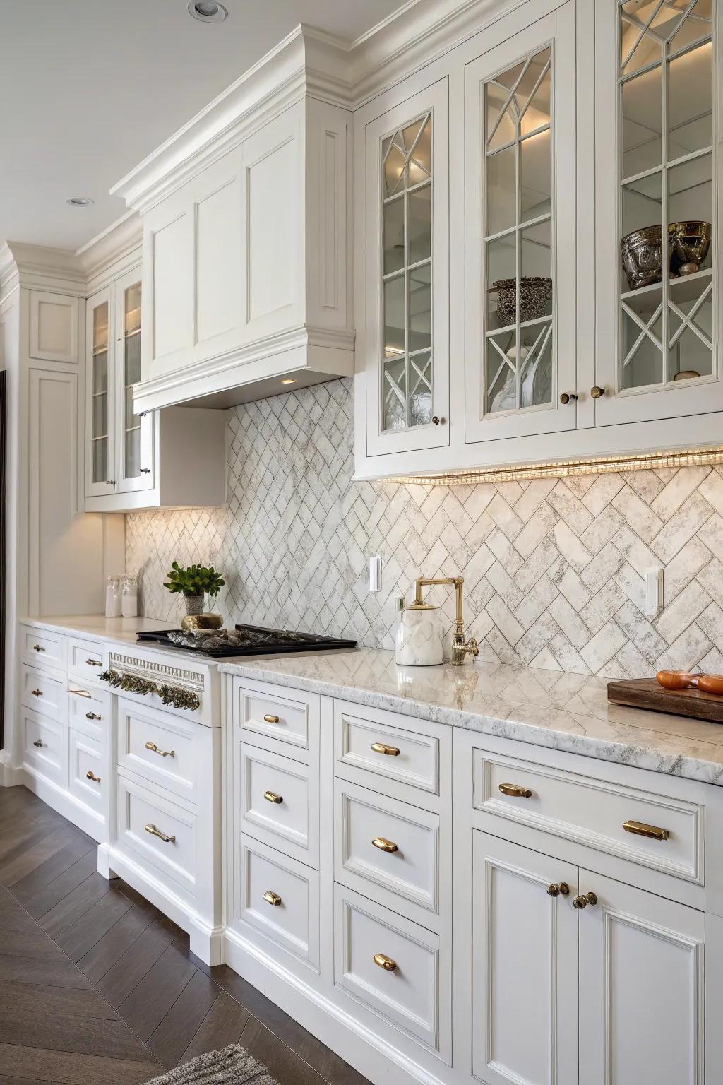Herringbone marble backsplash introducing sophistication to white cabinets.