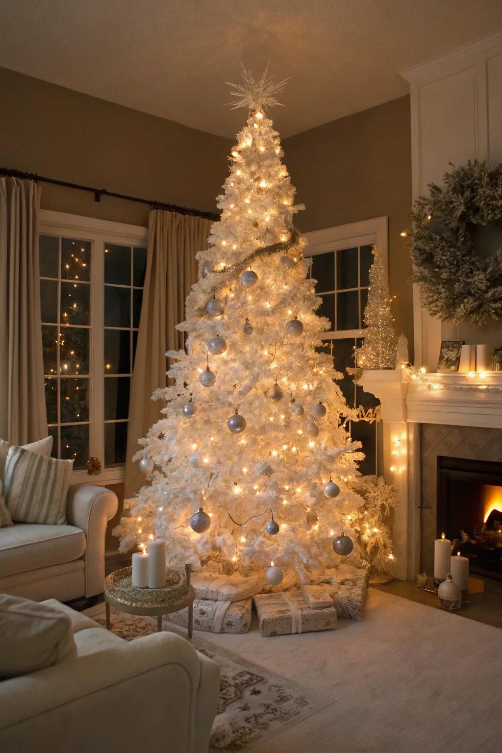 An ivory Christmas tree is the highlight of holiday magic.