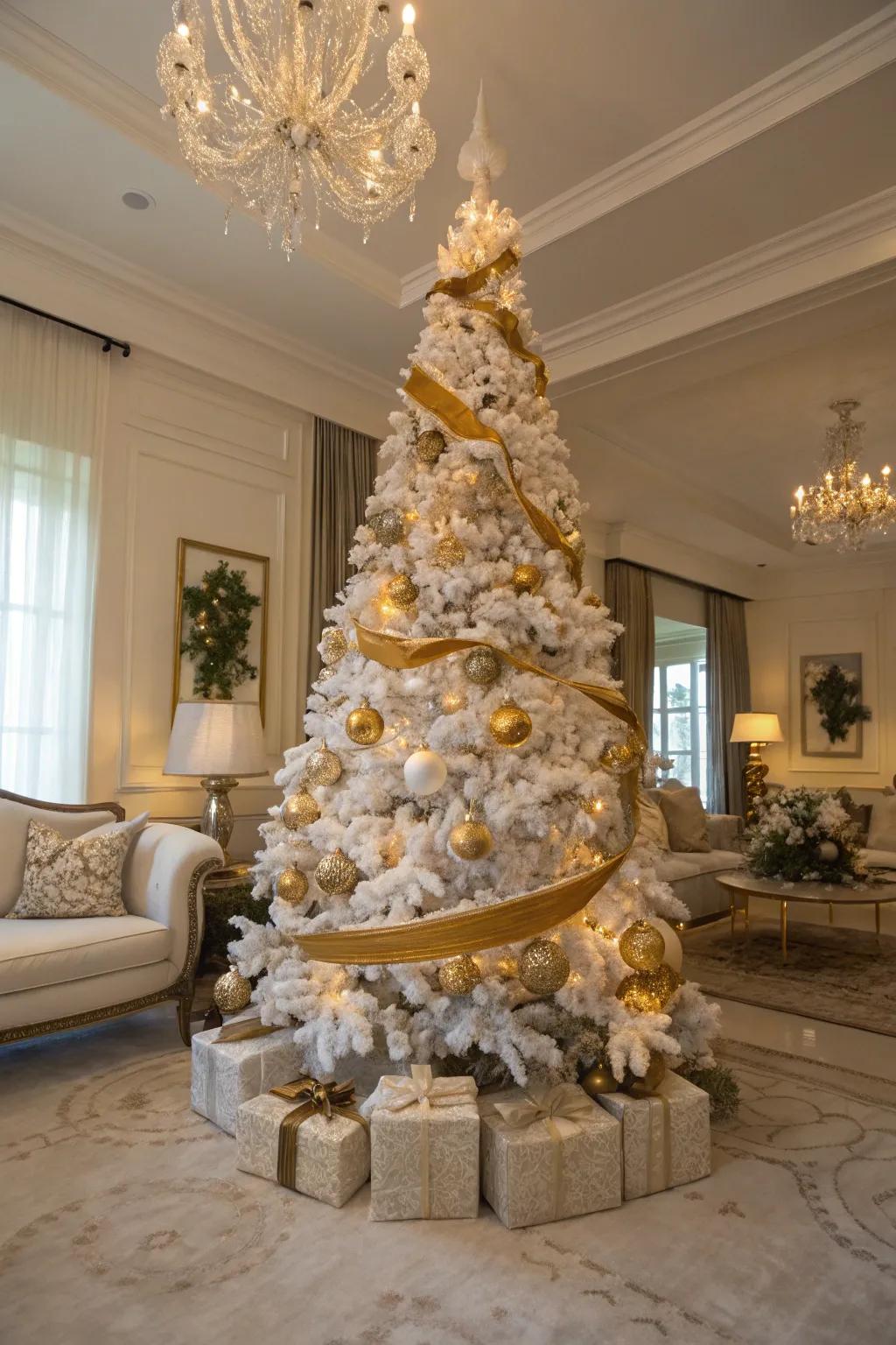 A traditionally decorated white and gold Christmas tree radiating refinement.
