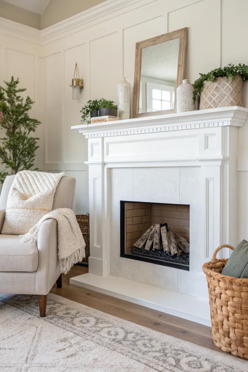 A simple and refined white fireplace that embodies minimalist design principles.