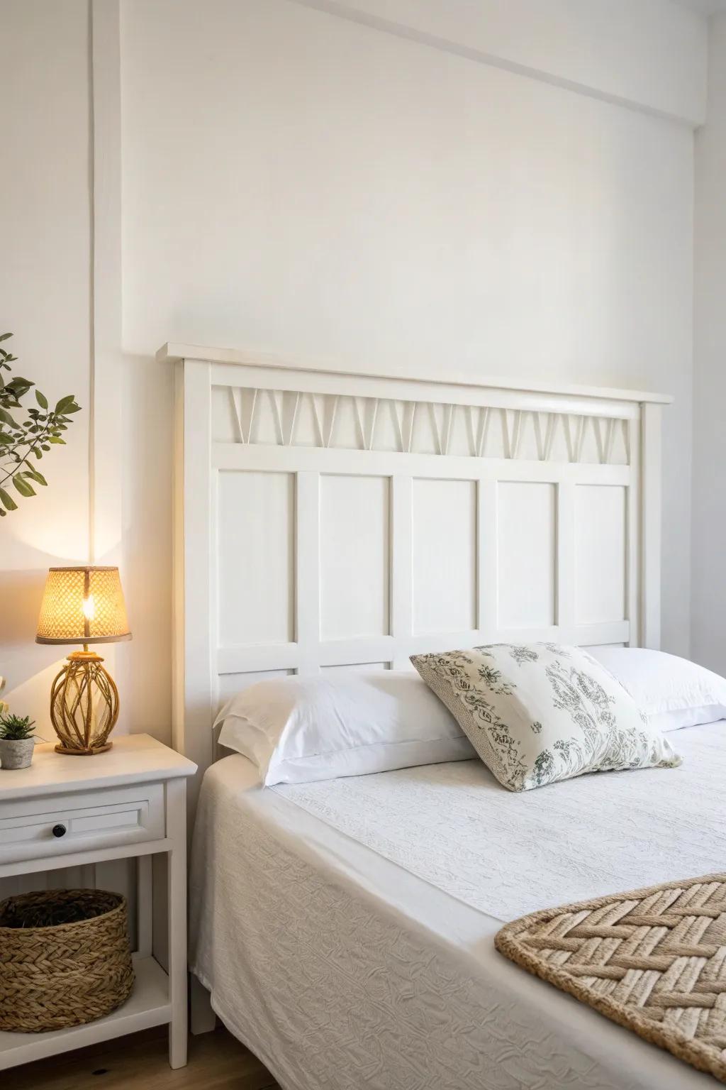 The essence of minimalism: a white headboard set in a tranquil setting.