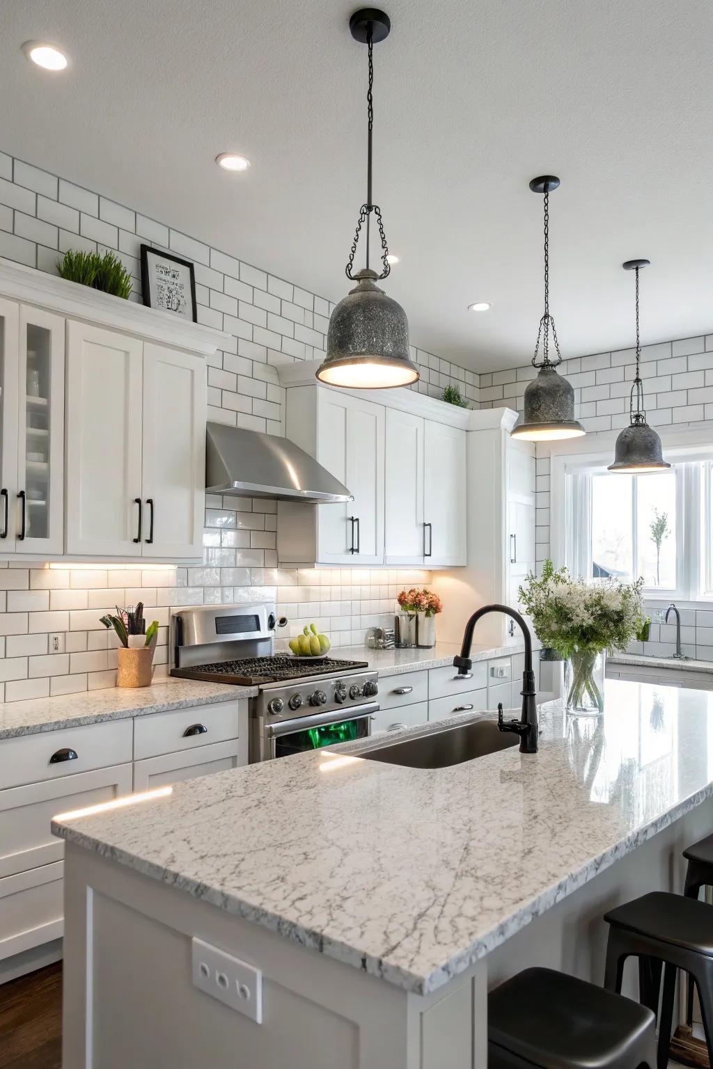 The ageless mix of rectangular tiles and frost white granite.