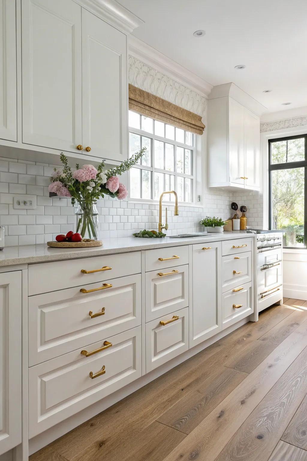 Elegant gilded levers boosting the coziness of an ivory kitchen.