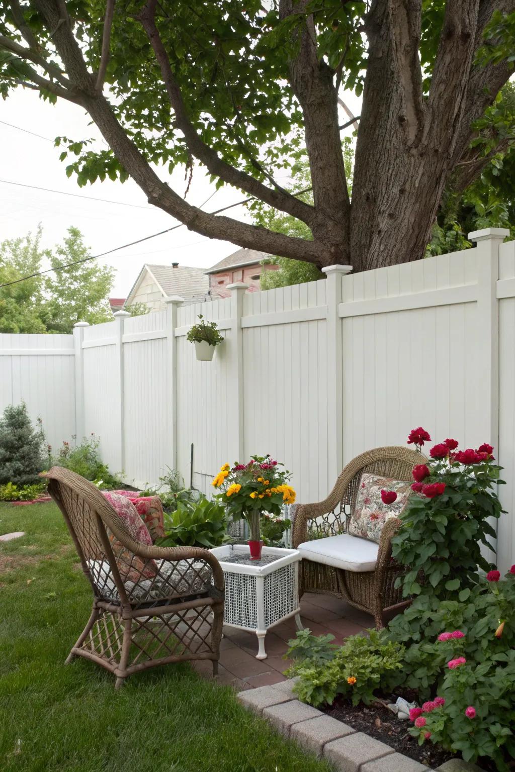 A solid white panel fence creates a perfect private corner in the backyard.