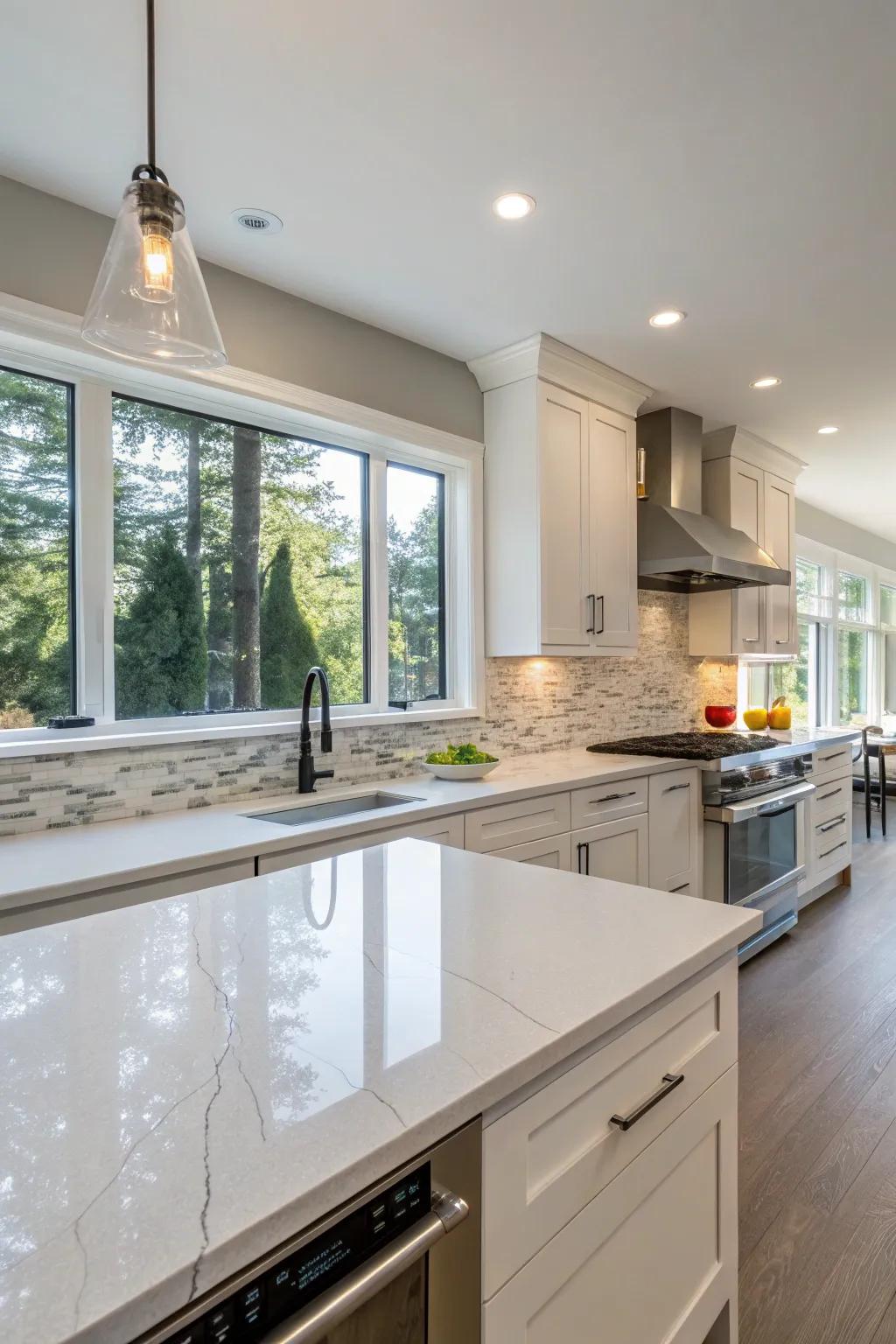 Crystalized stone backsplash from counter to ceiling in a seamless and elegant kitchen.