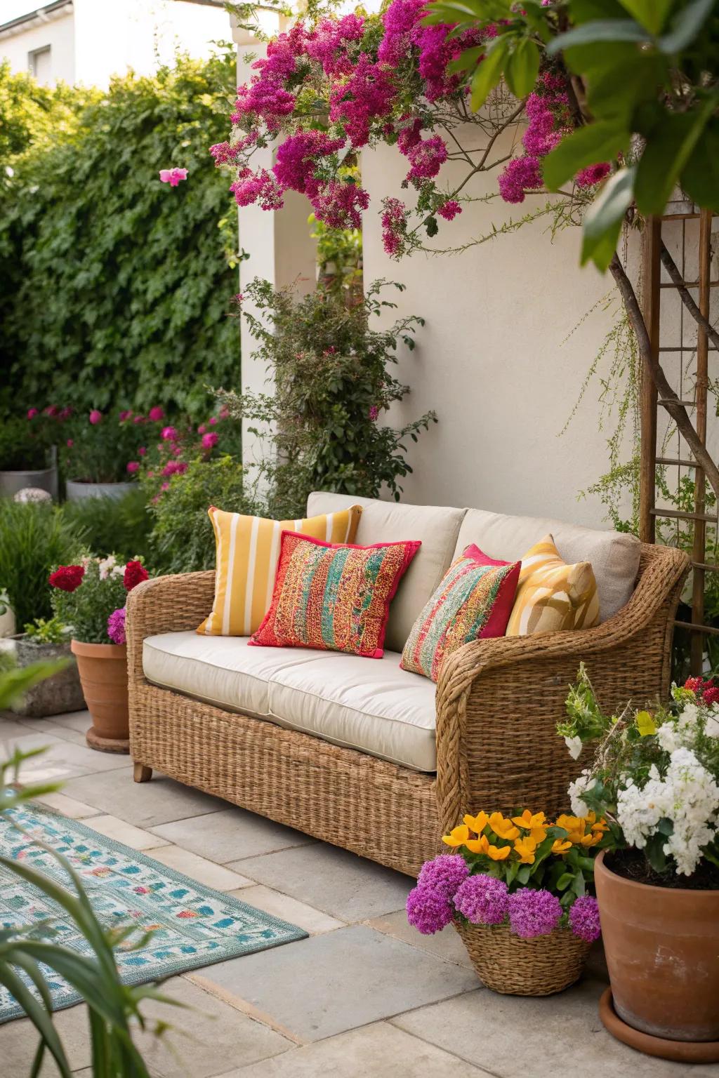 A welcoming outdoor living space showcasing lively wicker furnishings.