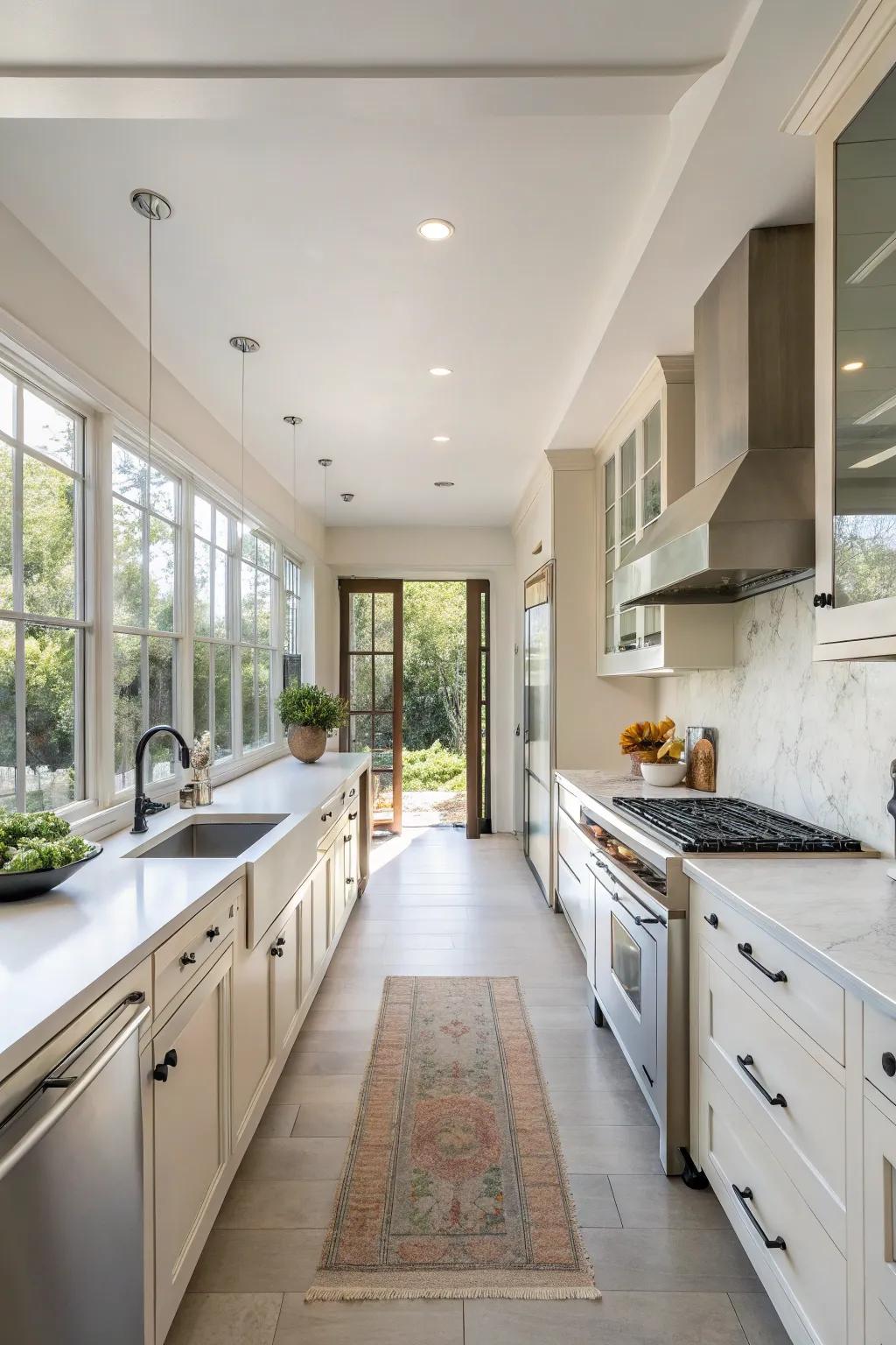 An expansive galley kitchen featuring open layouts and minimalist design.