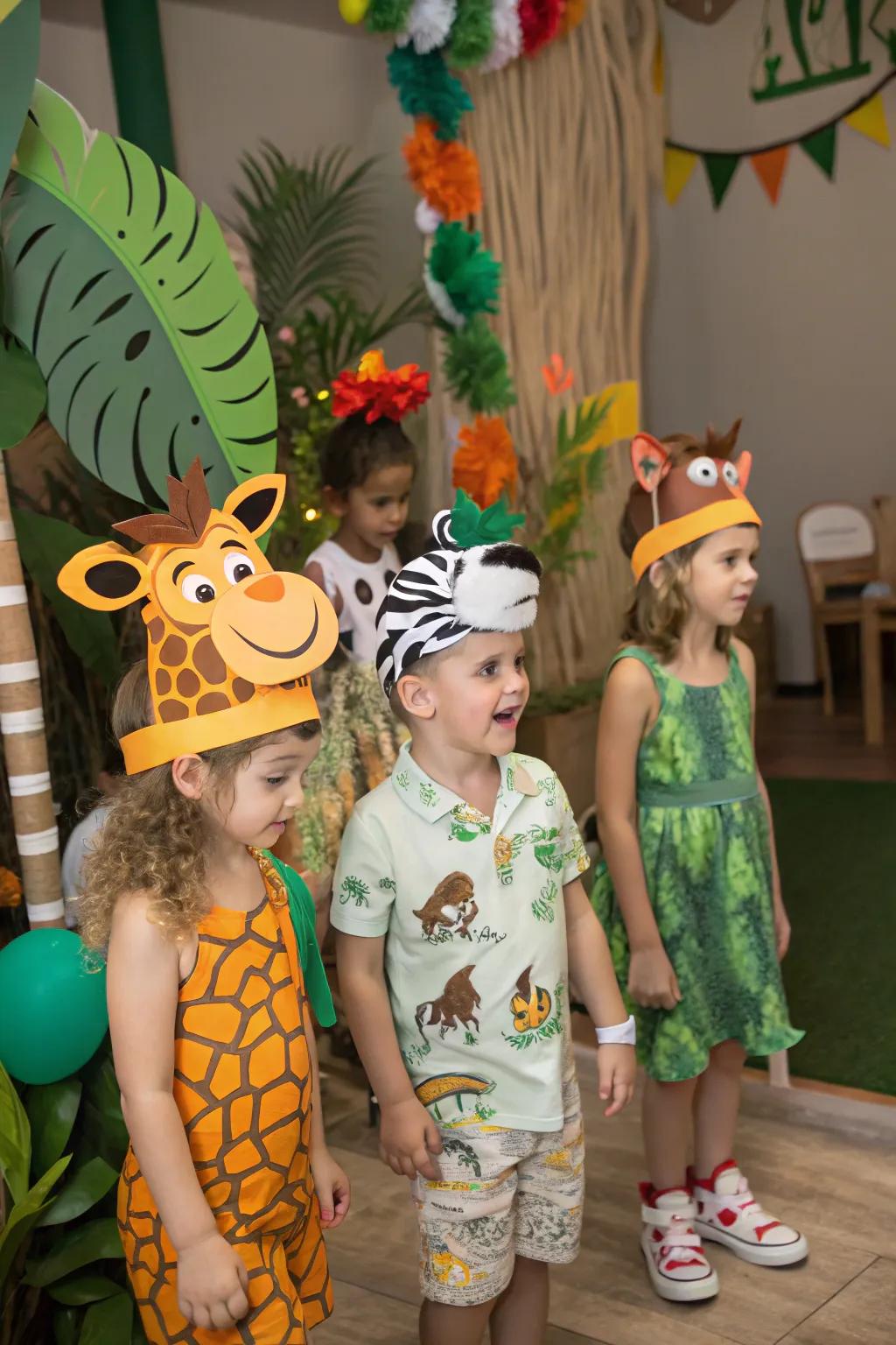 Children changing into untamed creatures through playful jungle headbands.