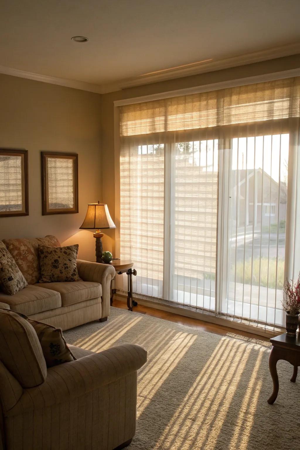 Soft-focus blinds gently brighten a welcoming living space.
