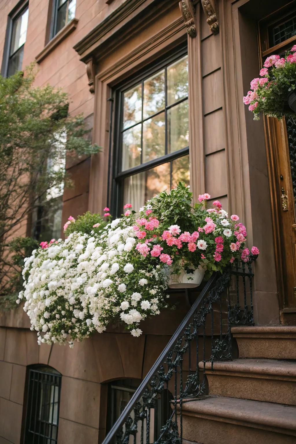 A harmonious color scheme featuring pink and white flowers against a brownstone.