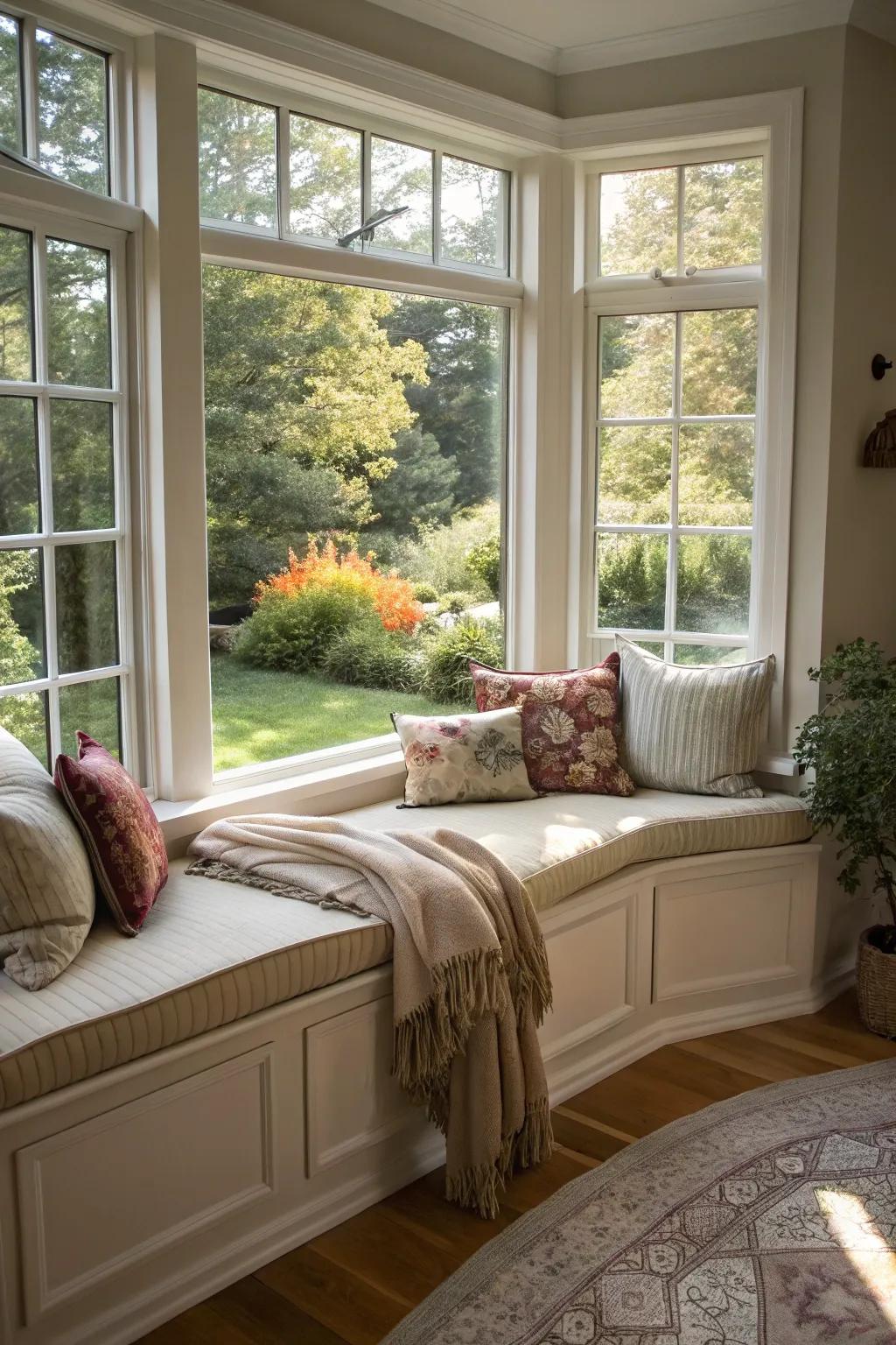 Alcove windows craft a serene space for unwinding.