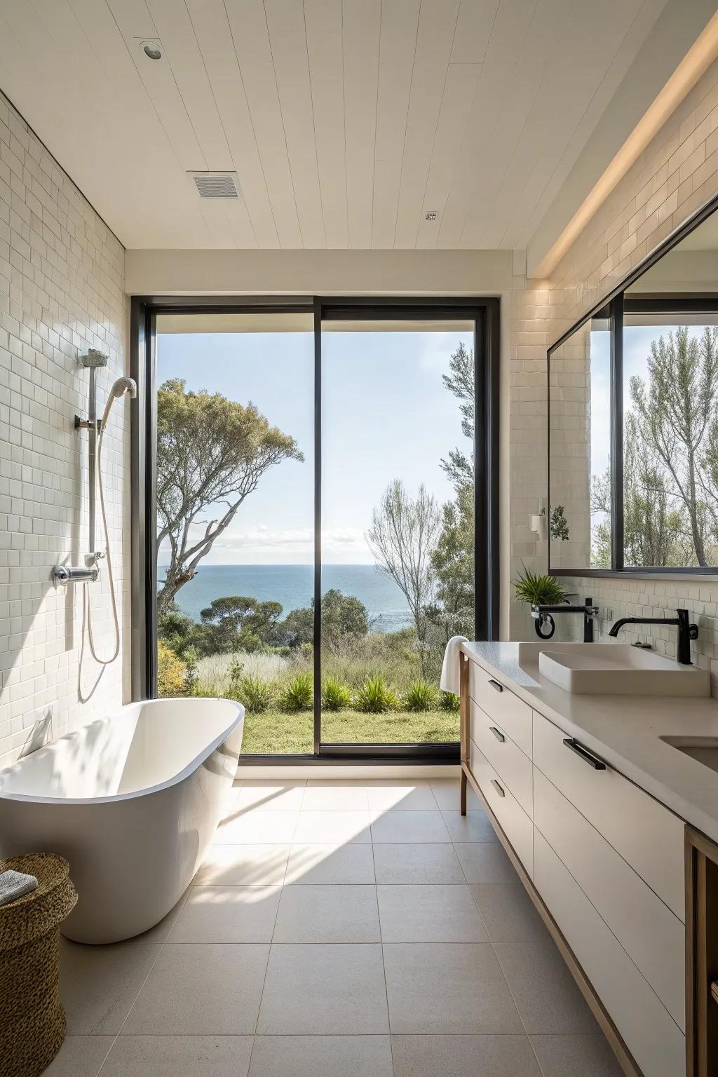A roomy shower area with a big window, allowing sunlight to enhance the design of the bathroom.