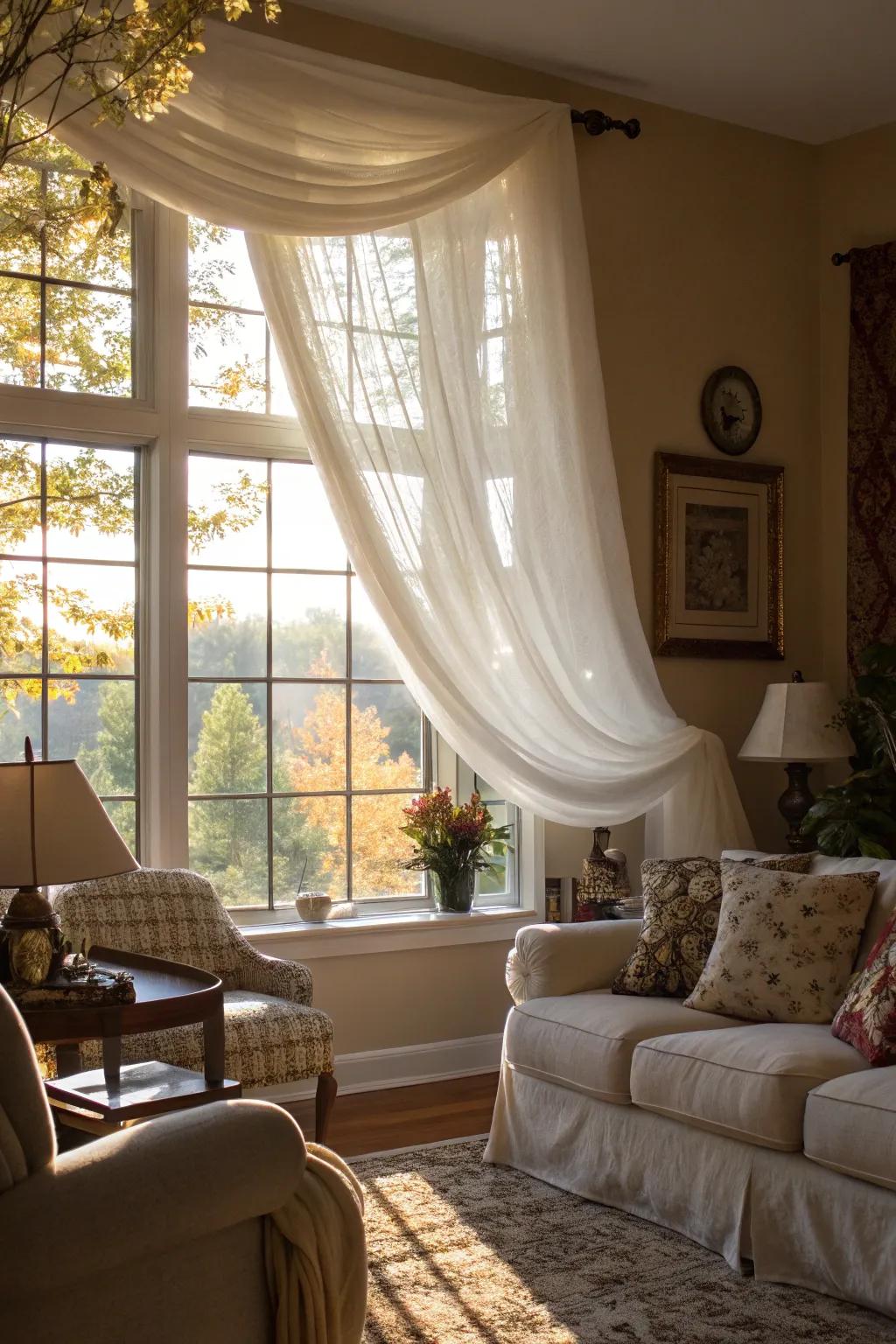 Timeless elegance achieved with a translucent window drape.