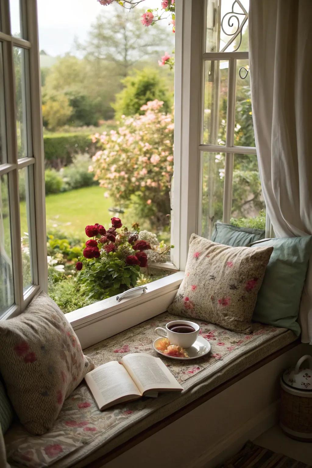 A sun-drenched window seat with a calming view of the garden.