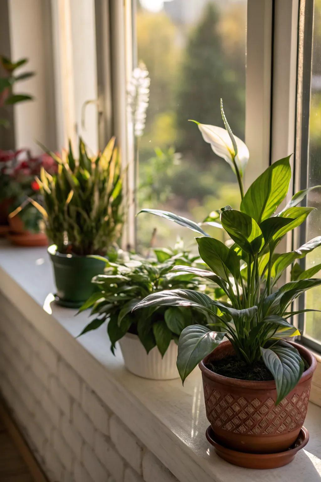 A windowsill converted into a small green area featuring succulents and a white flag.