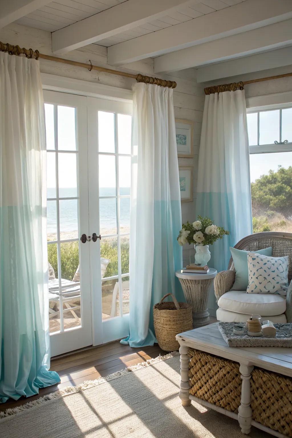 Capture a seaside feel with airy, light-toned curtains.