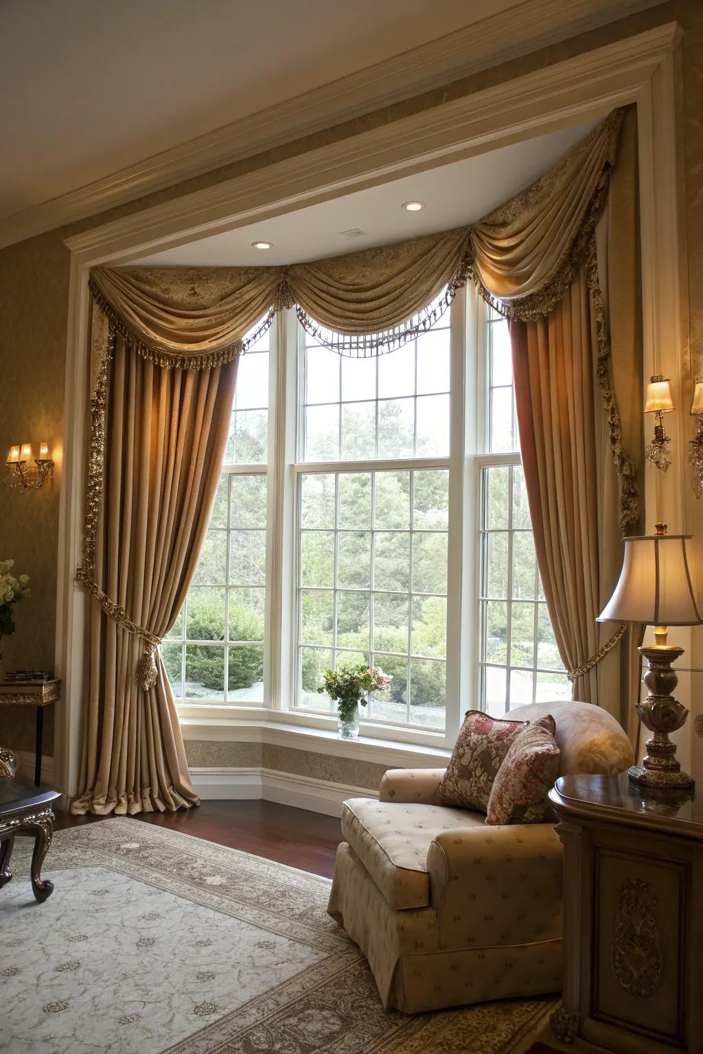 Full-length draperies bring dramatic elegance to bay windows.