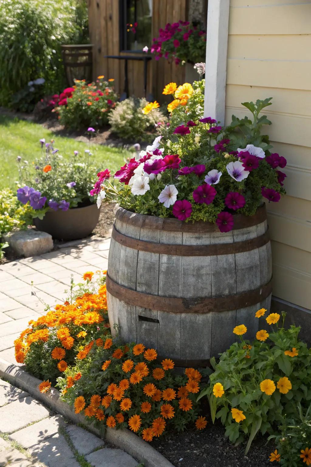 A classic wine cask overflowing with vibrant flowers.