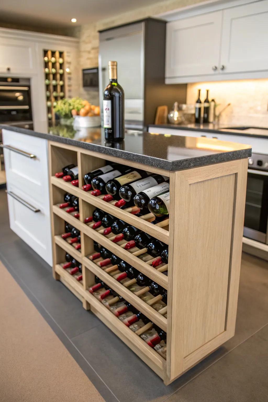 Wine racks integrated into a kitchen island enhance both aesthetics and usability.