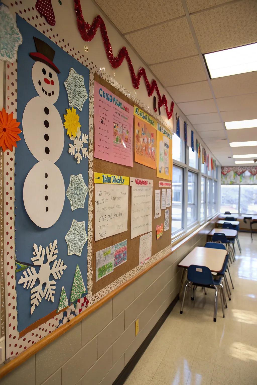 A charming display of snowmen and snowflakes adds a frosty elegance to the classroom.