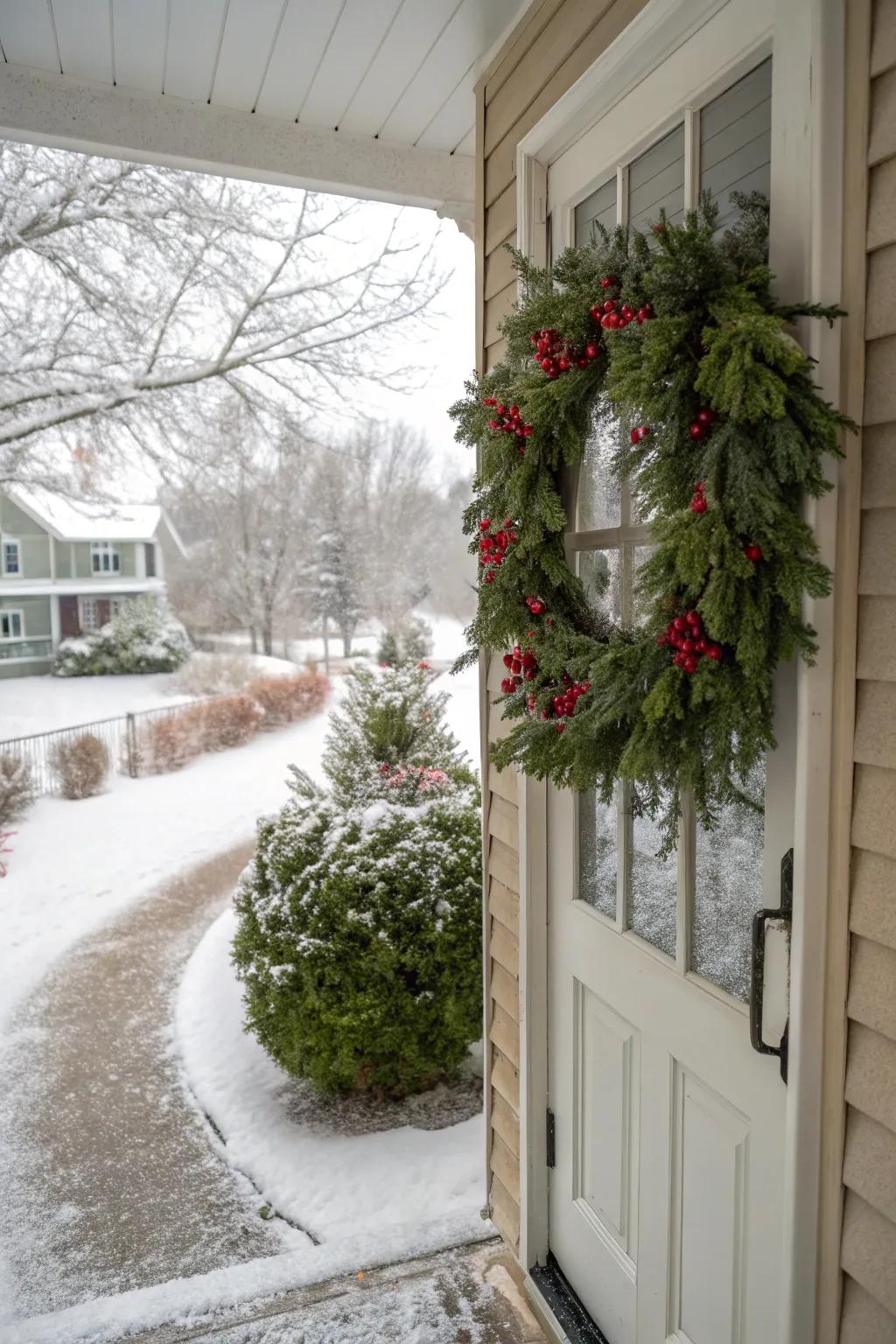 A front door is beautifully decorated with a full evergreen wreath, embodying the winter spirit.