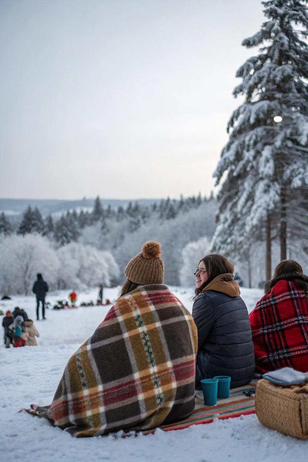 Get cozy with warm blankets for your winter picnic.